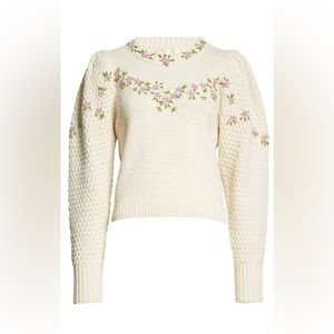 LoveShackFancy Floral Embroidered Cream Sweater NWT